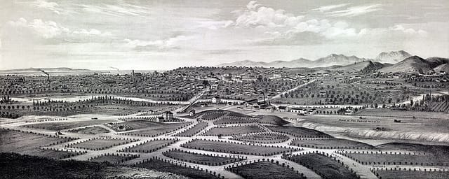 Historical eastward view of Los Angeles and the Santa Monica Mountains