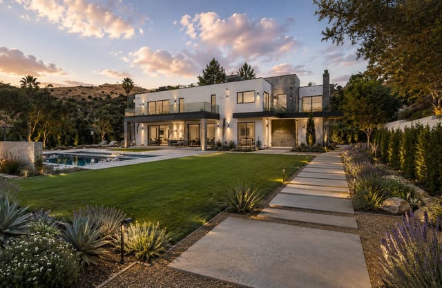 Modern estate at dusk with pool and landscaped grounds, Westside, HR Development Inc.